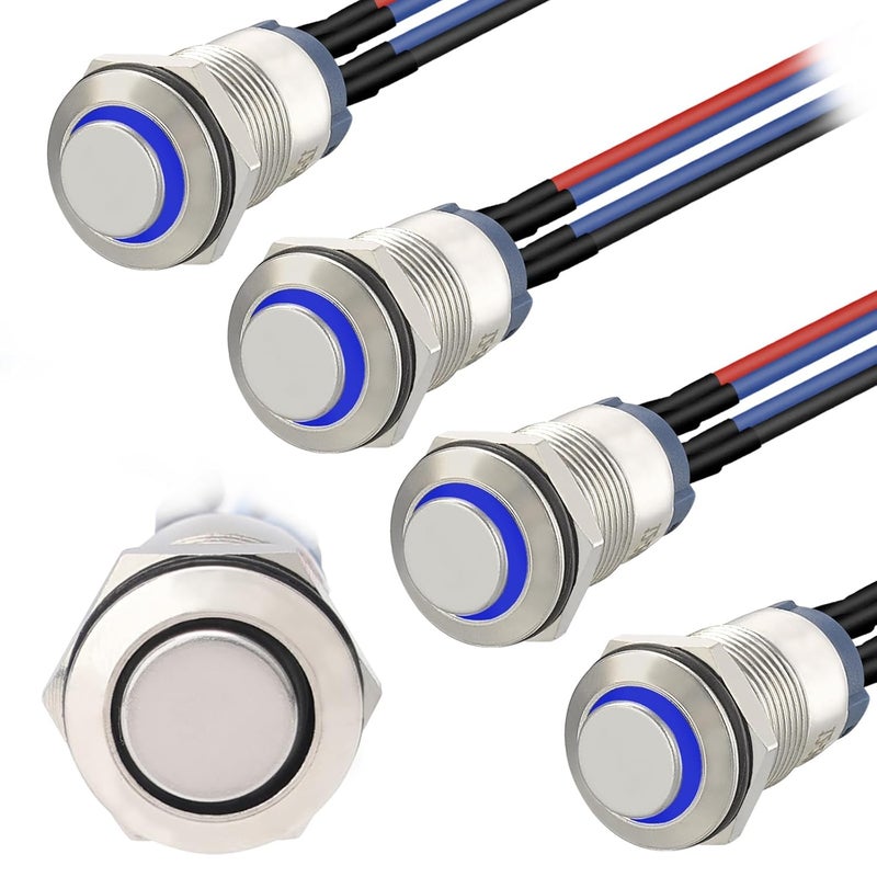 STARELO 5pcs 12mm Momentary led Push Button Switch Silver Shell with pre-Wiring, IP65 Waterproof Push Button Switch,1NO 1 Normally,Self-resetting with LED(Blue). - Image 1